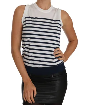 White Blue Knit Top Striped Silk T-Shirt