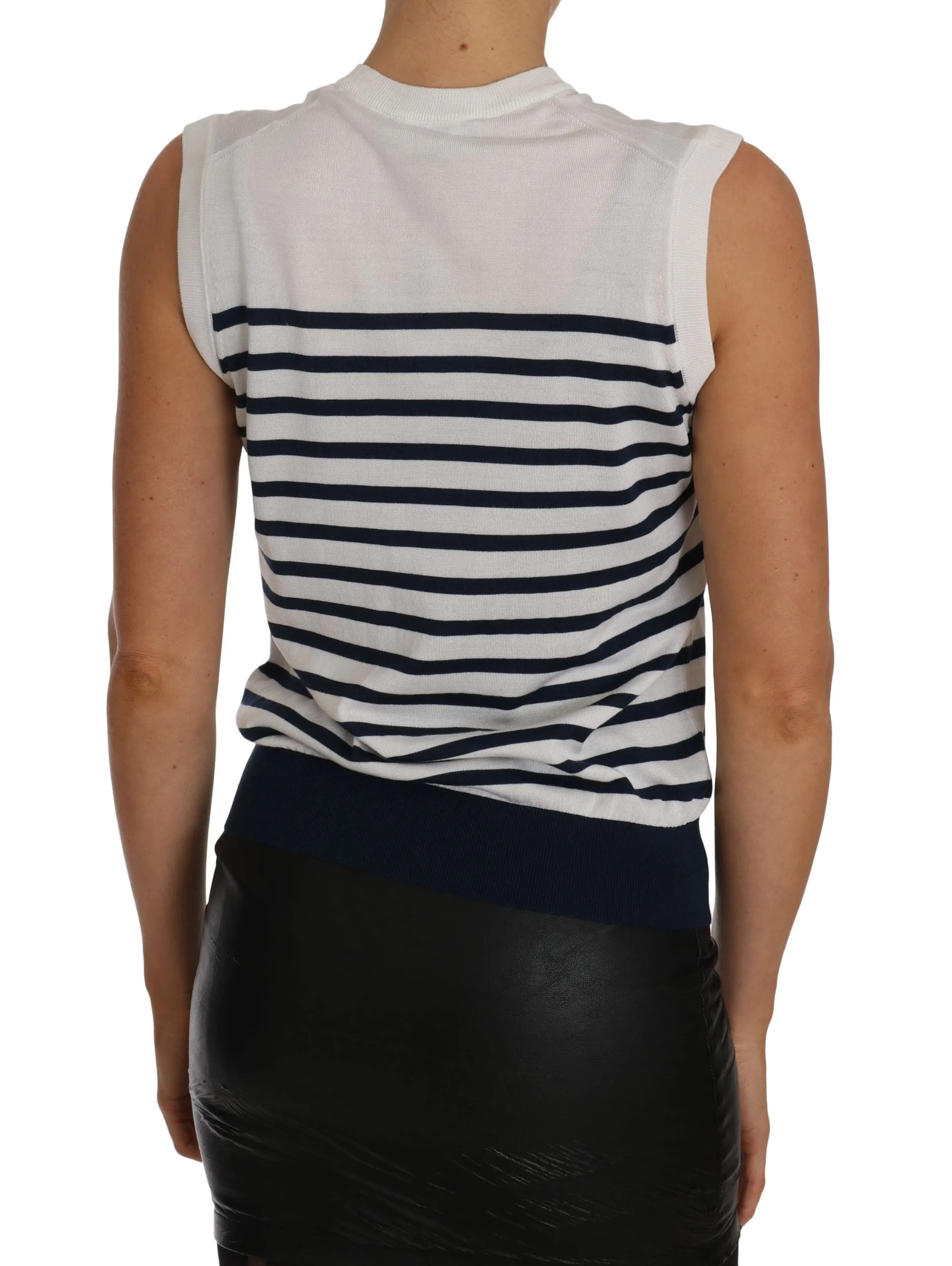 White Blue Knit Top Striped Silk T-Shirt