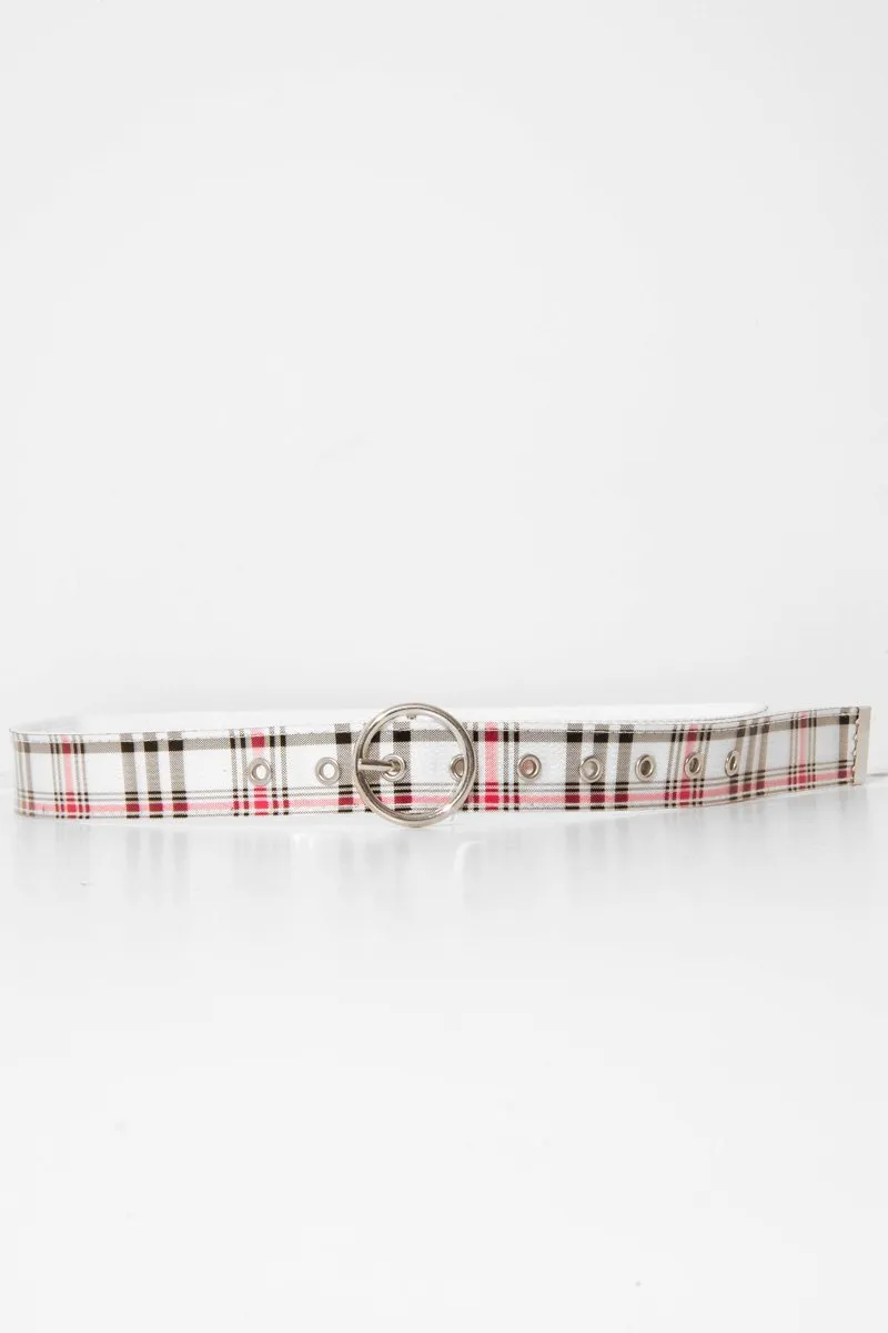 White Pink Check Woven Circle Buckle Belt - Luisa