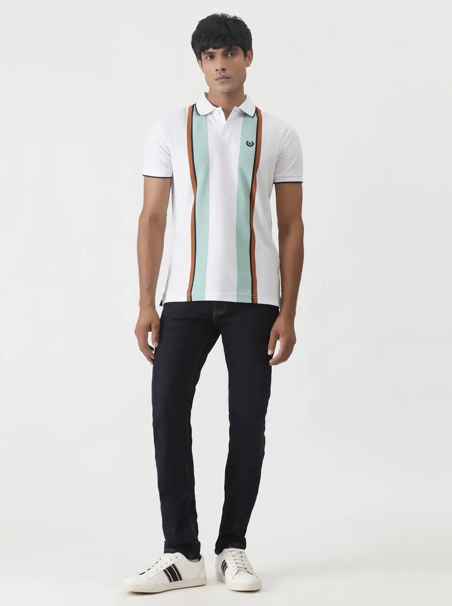 White Striped Slim Fit Polo T-Shirt | Greenfibre