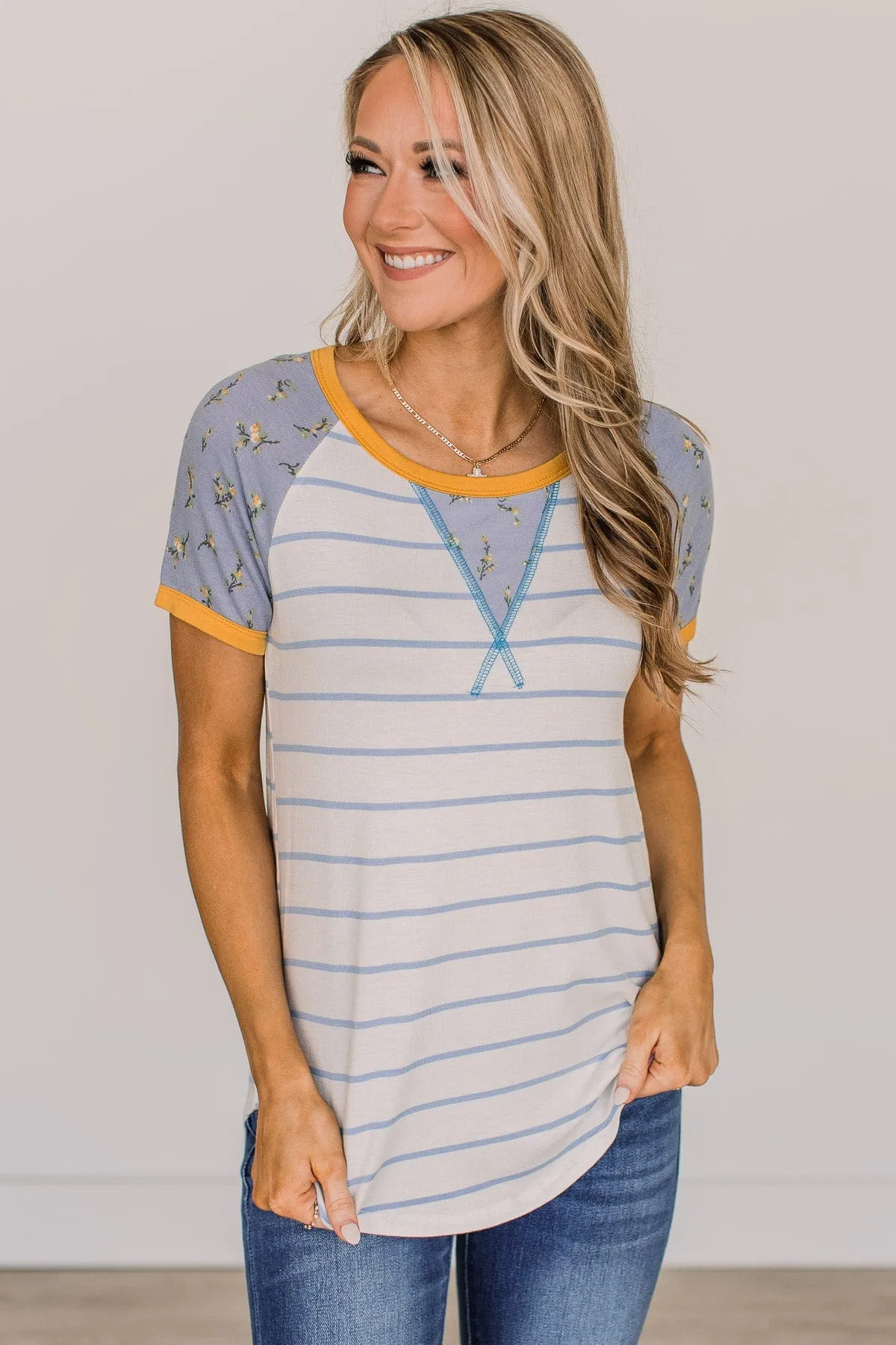 Win You Over Short Sleeve Raglan Top- Ivory & Blue