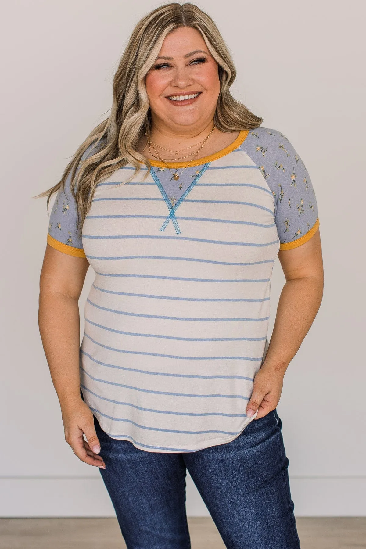 Win You Over Short Sleeve Raglan Top- Ivory & Blue
