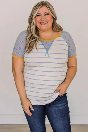 Win You Over Short Sleeve Raglan Top- Ivory & Blue