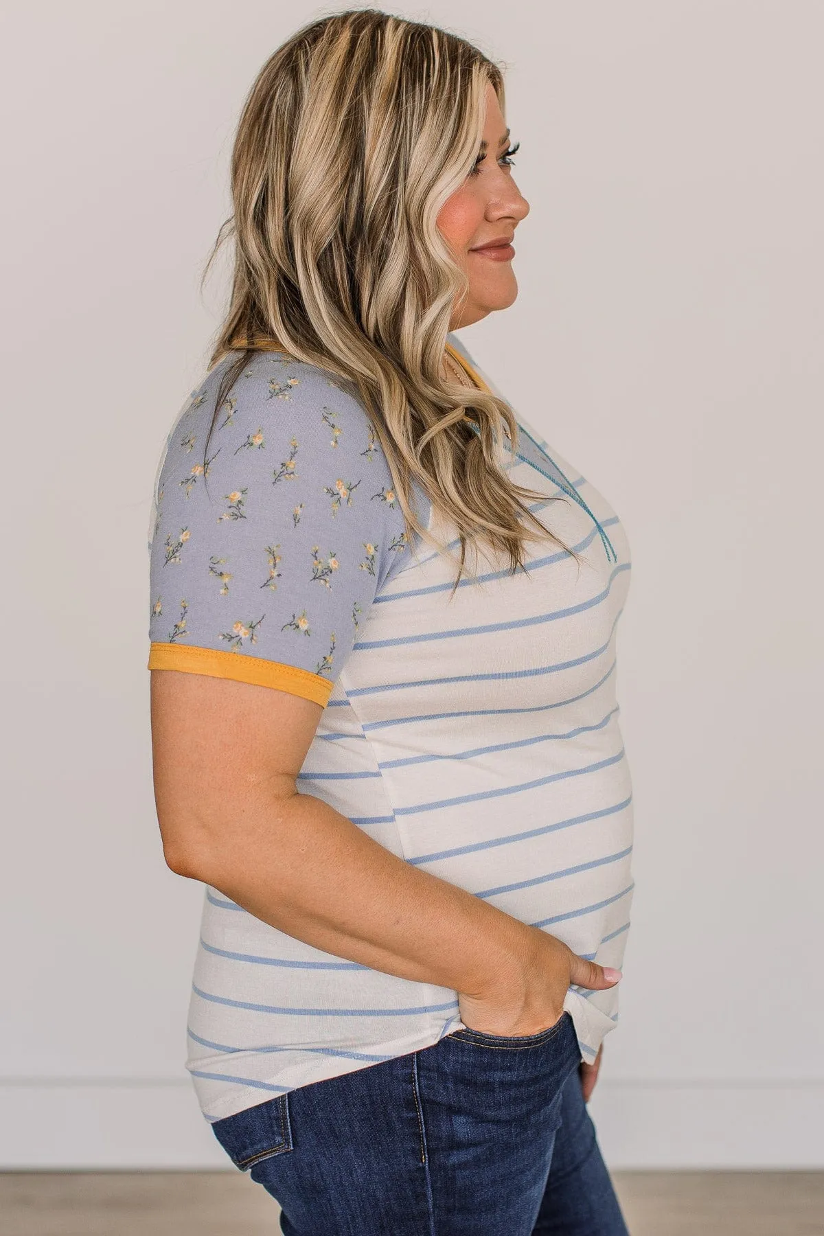 Win You Over Short Sleeve Raglan Top- Ivory & Blue