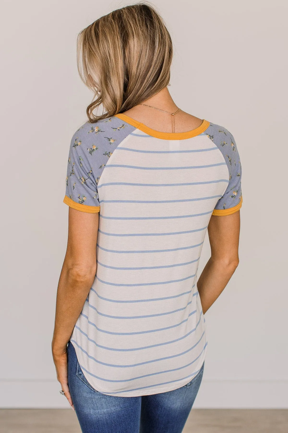 Win You Over Short Sleeve Raglan Top- Ivory & Blue