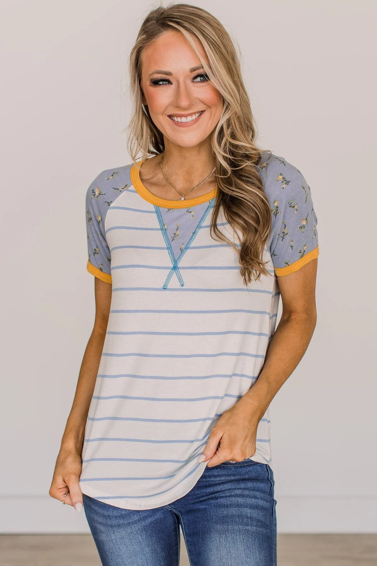 Win You Over Short Sleeve Raglan Top- Ivory & Blue