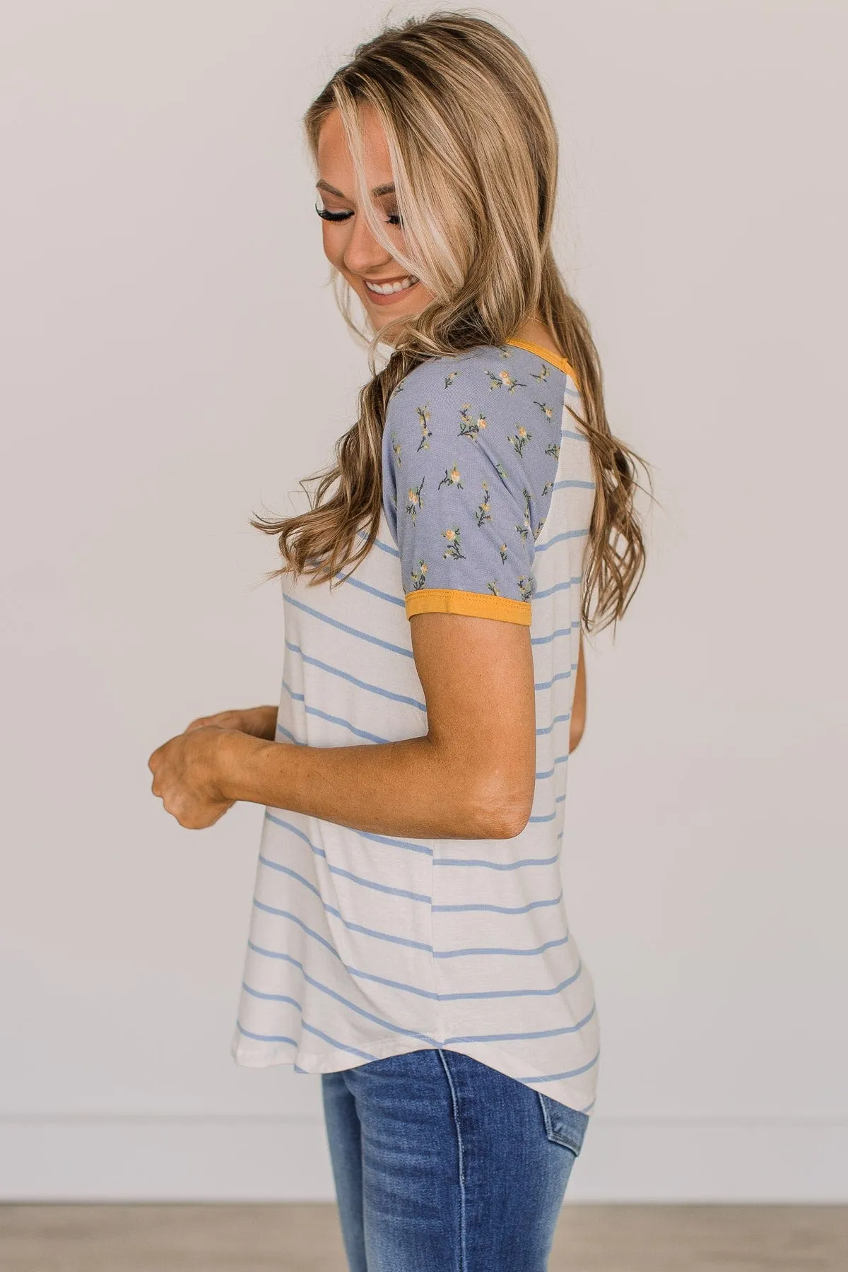 Win You Over Short Sleeve Raglan Top- Ivory & Blue