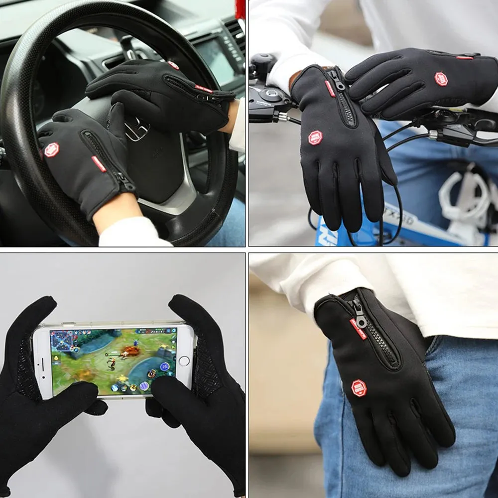 Winter Cycling Sports Gloves - Water Splash Warm Touch Screen Motorcycle Anti-Slip Skiing Zipper Windproof Driving Gloves for Men and Women