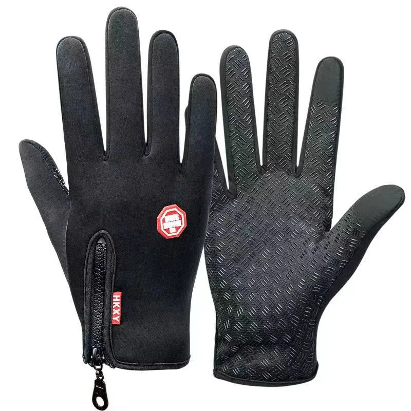 Winter Cycling Sports Gloves - Water Splash Warm Touch Screen Motorcycle Anti-Slip Skiing Zipper Windproof Driving Gloves for Men and Women