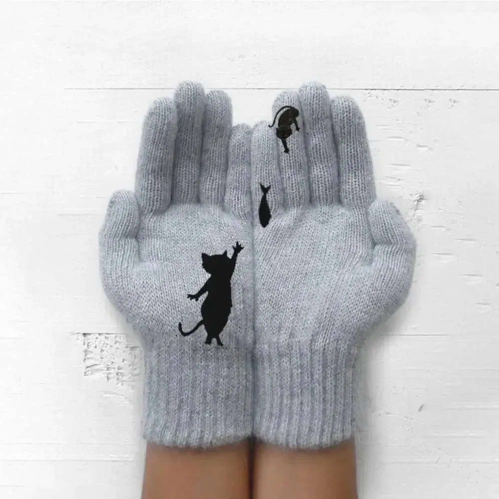 Winter Gloves for Men Women Teens Cute Cat and Bird Printed Thermal Knitted Gloves, Windproof Winter Warm Mittens Glove Soft