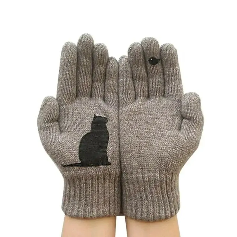 Winter Gloves for Men Women Teens Cute Cat and Bird Printed Thermal Knitted Gloves, Windproof Winter Warm Mittens Glove Soft