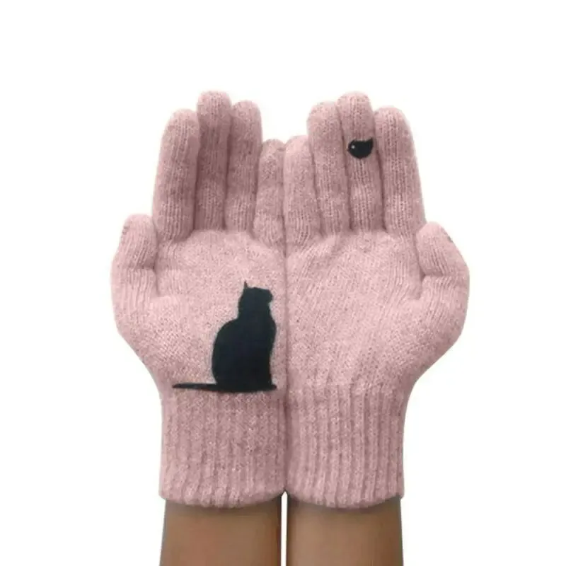 Winter Gloves for Men Women Teens Cute Cat and Bird Printed Thermal Knitted Gloves, Windproof Winter Warm Mittens Glove Soft