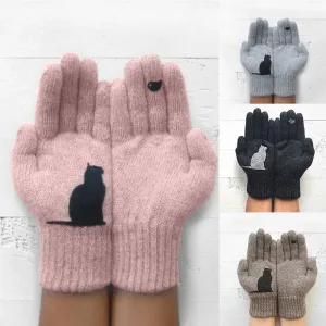 Winter Gloves for Men Women Teens Cute Cat and Bird Printed Thermal Knitted Gloves, Windproof Winter Warm Mittens Glove Soft