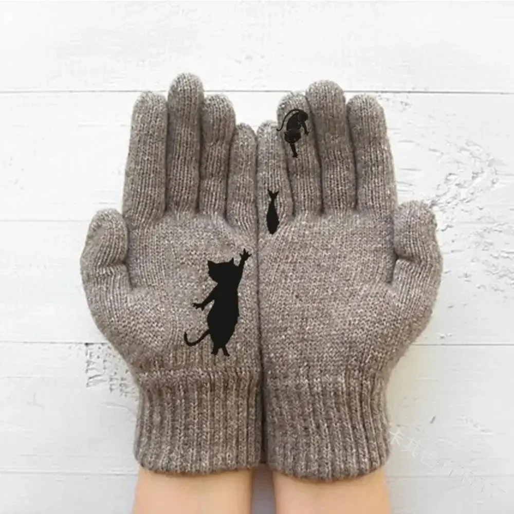 Winter Gloves for Men Women Teens Cute Cat and Bird Printed Thermal Knitted Gloves, Windproof Winter Warm Mittens Glove Soft