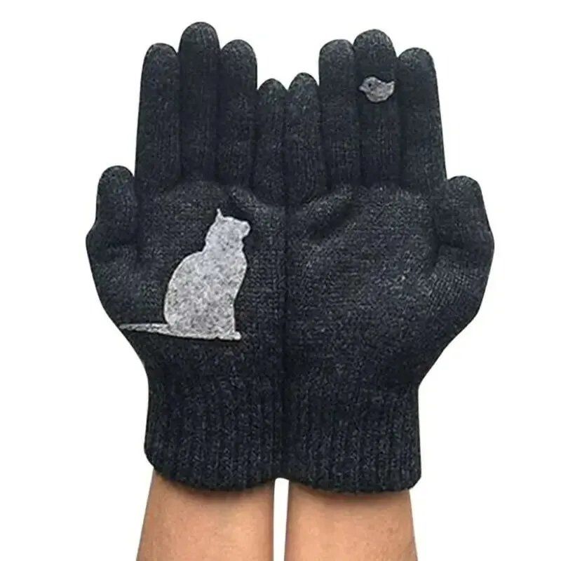Winter Gloves for Men Women Teens Cute Cat and Bird Printed Thermal Knitted Gloves, Windproof Winter Warm Mittens Glove Soft