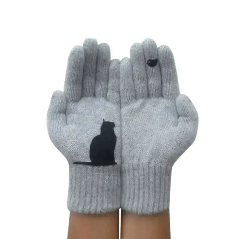 Winter Gloves for Men Women Teens Cute Cat and Bird Printed Thermal Knitted Gloves, Windproof Winter Warm Mittens Glove Soft