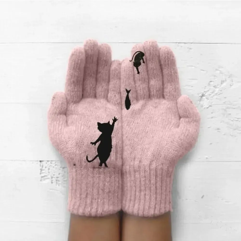 Winter Gloves for Men Women Teens Cute Cat and Bird Printed Thermal Knitted Gloves, Windproof Winter Warm Mittens Glove Soft