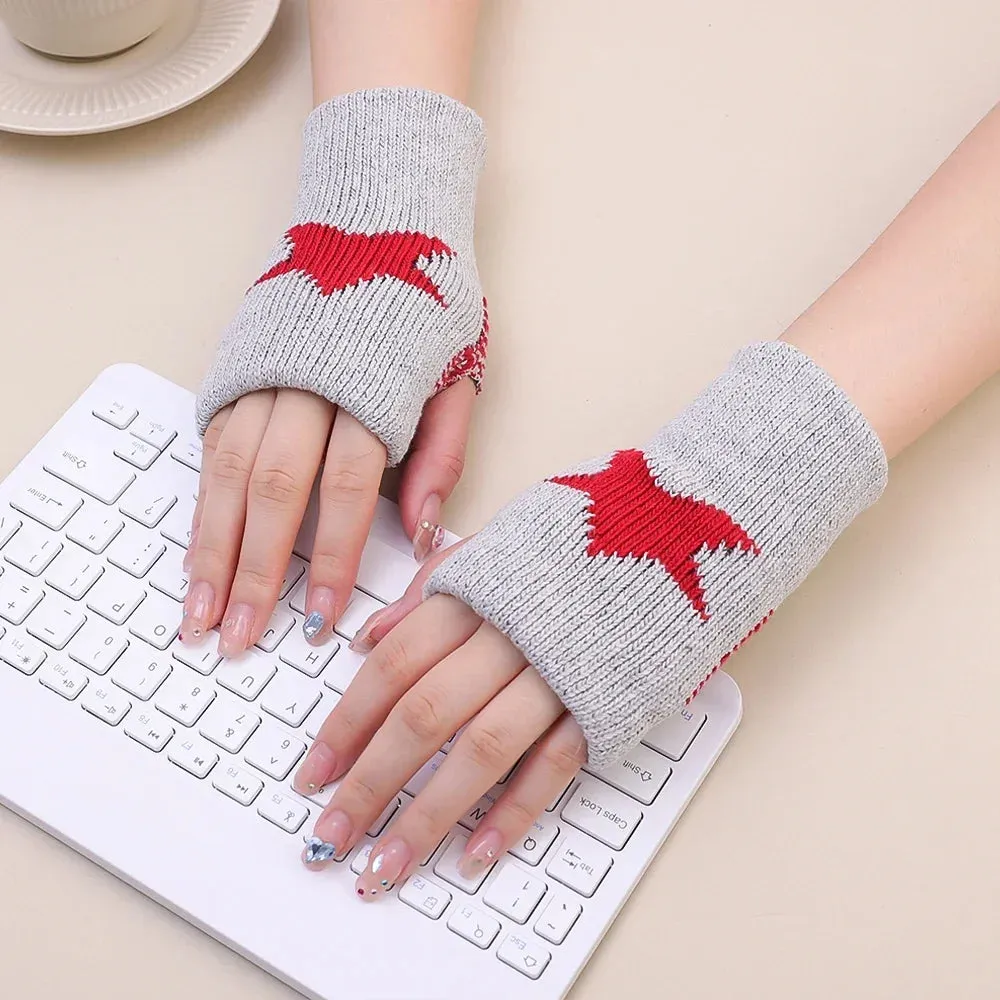 Winter Knitted Woolen Gloves Ins Fashion Y2K Men's Women's Half Finger Warm Five Pointed Star Fingerless Gloves Unisex