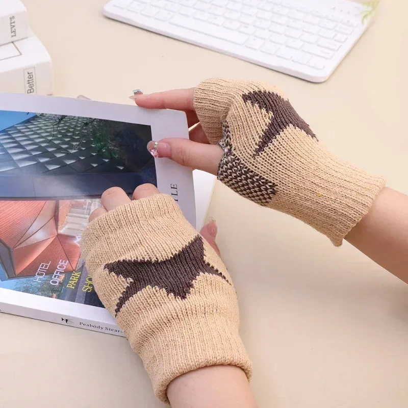 Winter Knitted Woolen Gloves Ins Fashion Y2K Men's Women's Half Finger Warm Five Pointed Star Fingerless Gloves Unisex