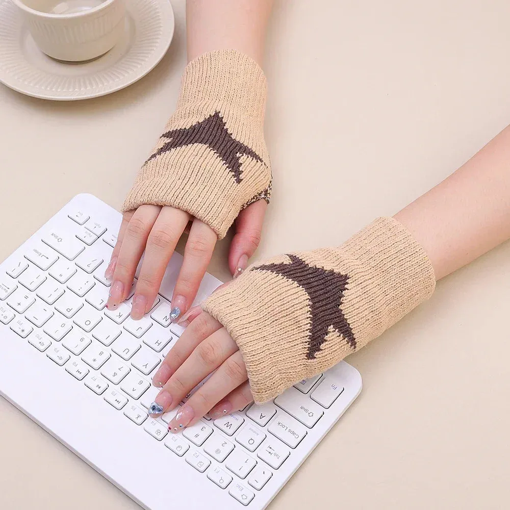 Winter Knitted Woolen Gloves Ins Fashion Y2K Men's Women's Half Finger Warm Five Pointed Star Fingerless Gloves Unisex