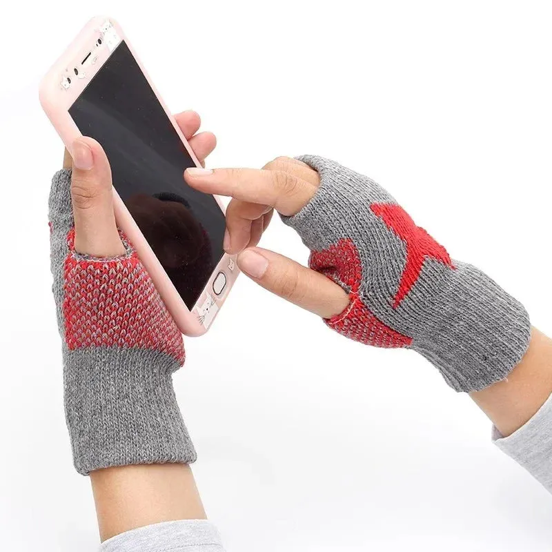 Winter Knitted Woolen Gloves Ins Fashion Y2K Men's Women's Half Finger Warm Five Pointed Star Fingerless Gloves Unisex