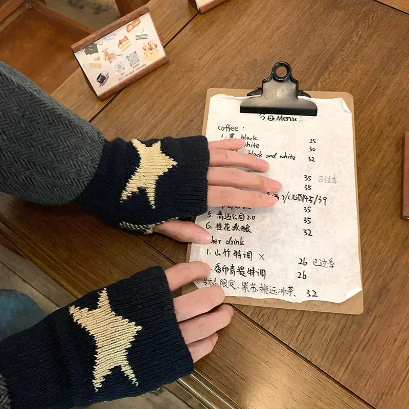 Winter Knitted Woolen Gloves Ins Fashion Y2K Men's Women's Half Finger Warm Five Pointed Star Fingerless Gloves Unisex