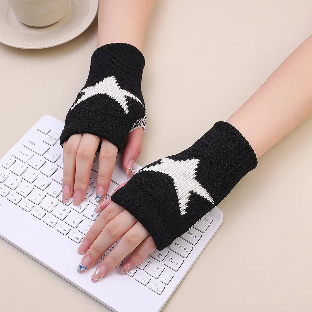 Winter Knitted Woolen Gloves Ins Fashion Y2K Men's Women's Half Finger Warm Five Pointed Star Fingerless Gloves Unisex