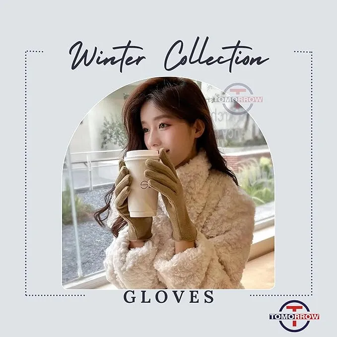 Women Cute design Plush Fur Cuff Winter Gloves Warm Windproof Cold Resistant Warm Velvet Inside Touch Screen Gloves For Girls