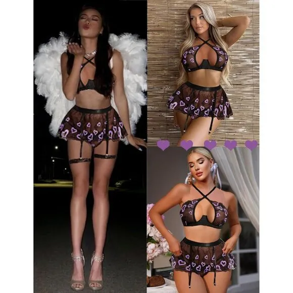 Women Purple Heart Garter Lingerie Set with Underwire 3 Piece Lace High
