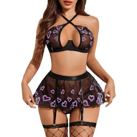 Women Purple Heart Garter Lingerie Set with Underwire 3 Piece Lace High