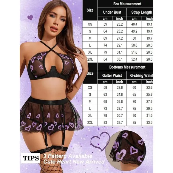 Women Purple Heart Garter Lingerie Set with Underwire 3 Piece Lace High