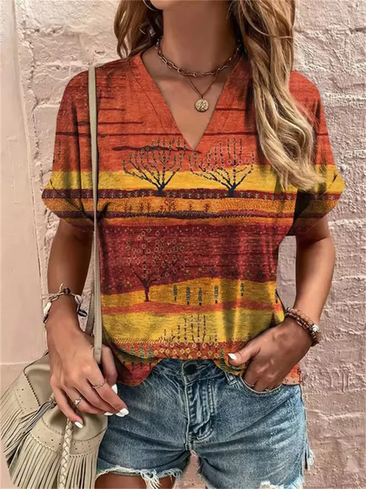 Women's Casual V Neck Contrast Color Print T-shirts
