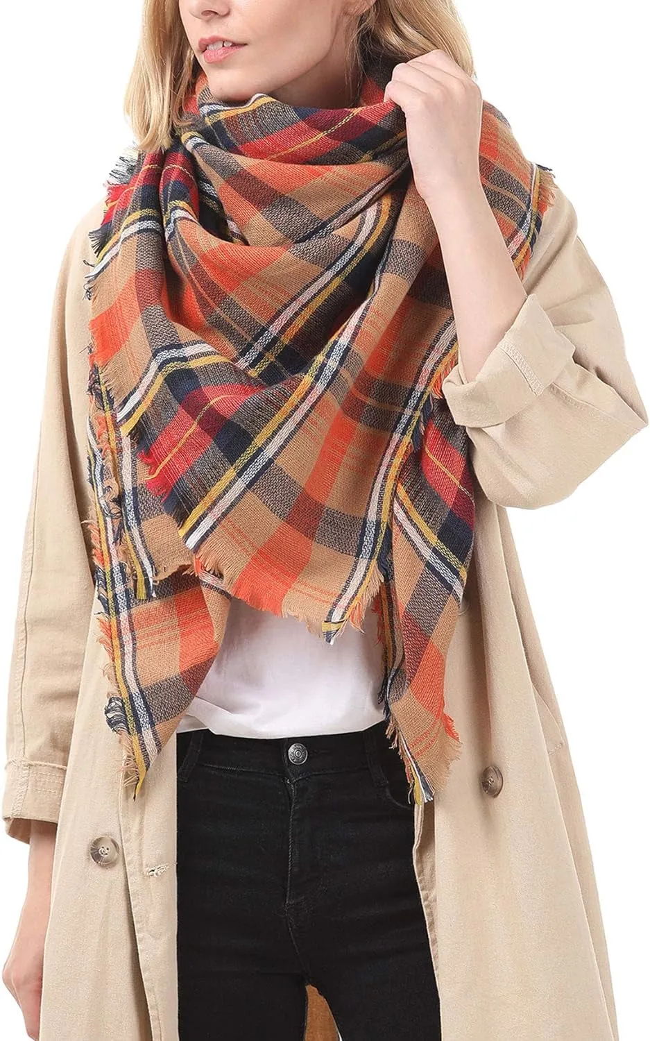 Women's Cozy Chunky Checked Blanket Scarf for Fall & Winter