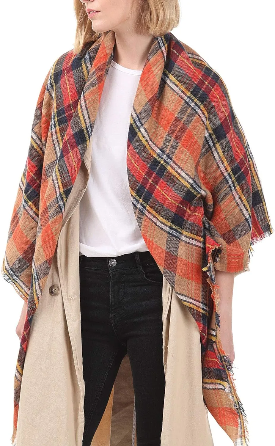 Women's Cozy Chunky Checked Blanket Scarf for Fall & Winter
