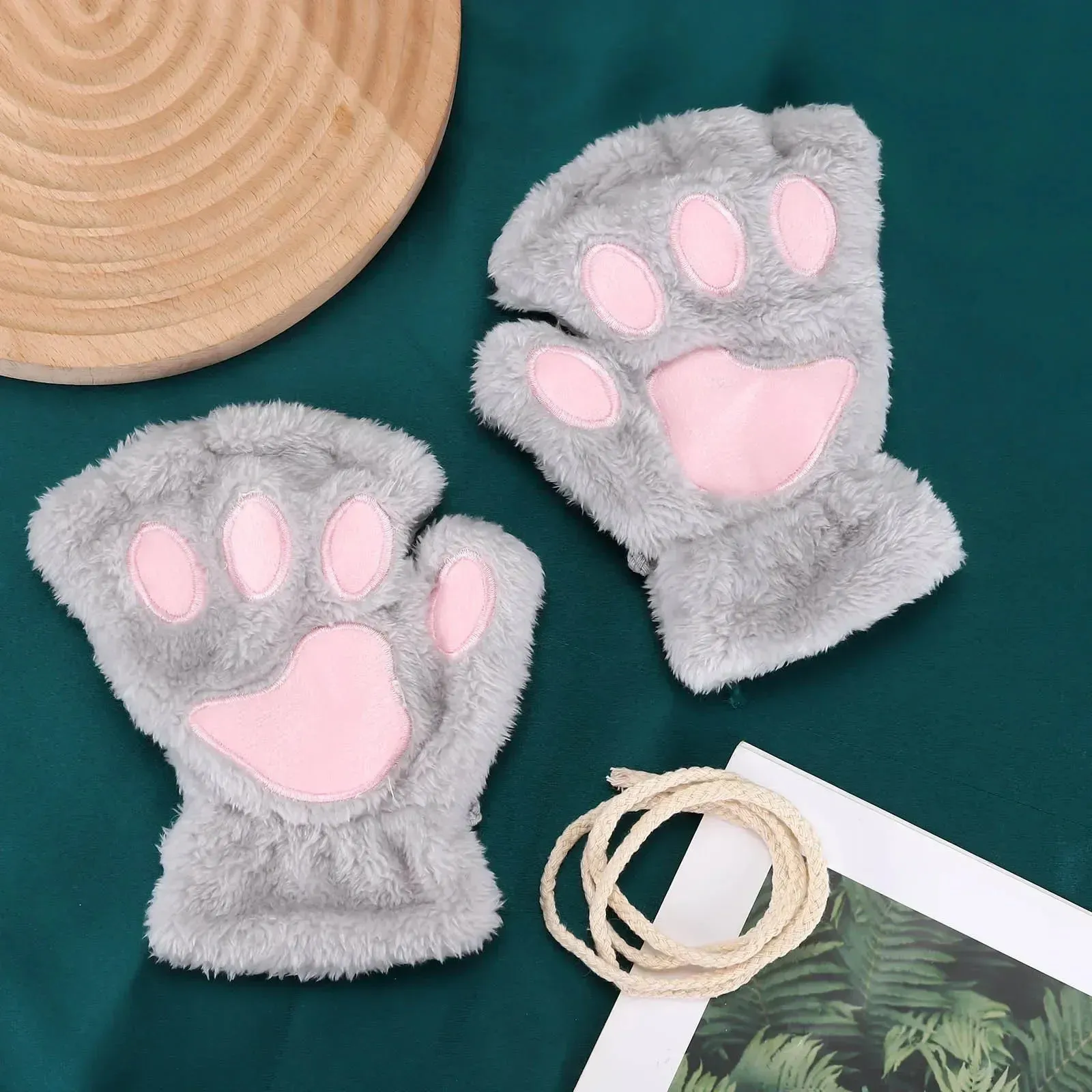 Women's Fashion Cat Gloves Cat Claw Paw Plush Mittens Warm Soft Plush Short Fingerless Half Finger Winter Thick Gloves