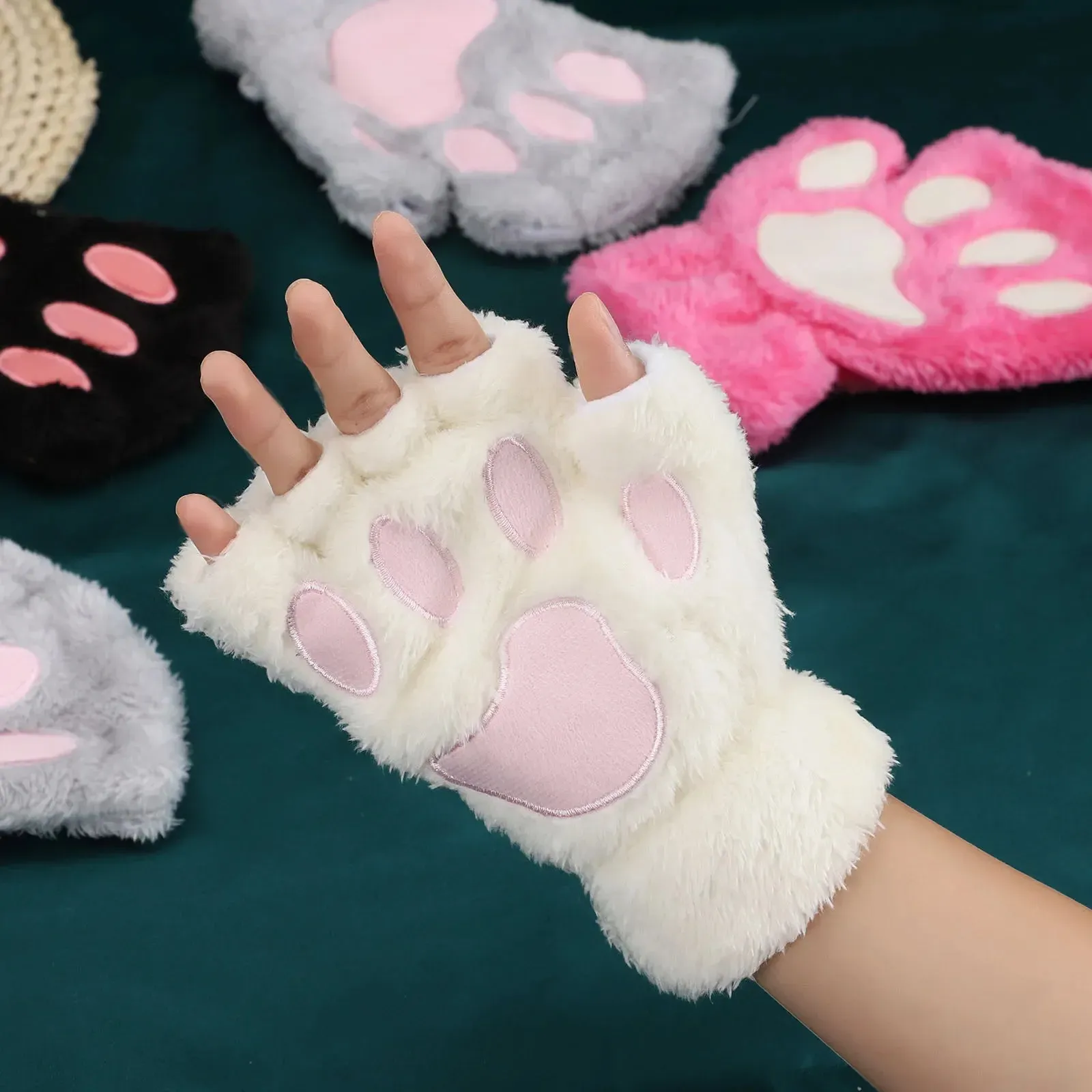 Women's Fashion Cat Gloves Cat Claw Paw Plush Mittens Warm Soft Plush Short Fingerless Half Finger Winter Thick Gloves
