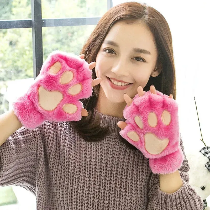 Women's Fashion Cat Gloves Cat Claw Paw Plush Mittens Warm Soft Plush Short Fingerless Half Finger Winter Thick Gloves