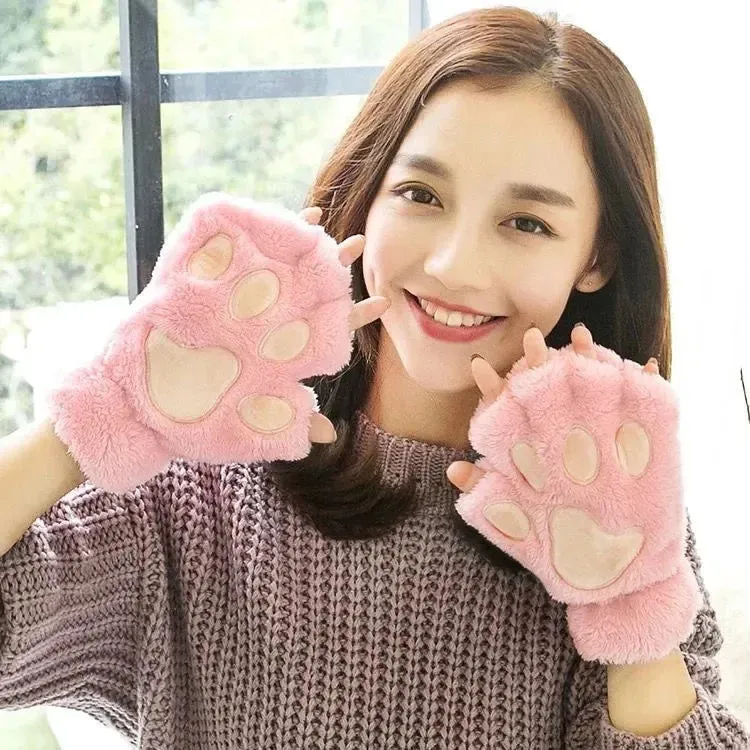 Women's Fashion Cat Gloves Cat Claw Paw Plush Mittens Warm Soft Plush Short Fingerless Half Finger Winter Thick Gloves