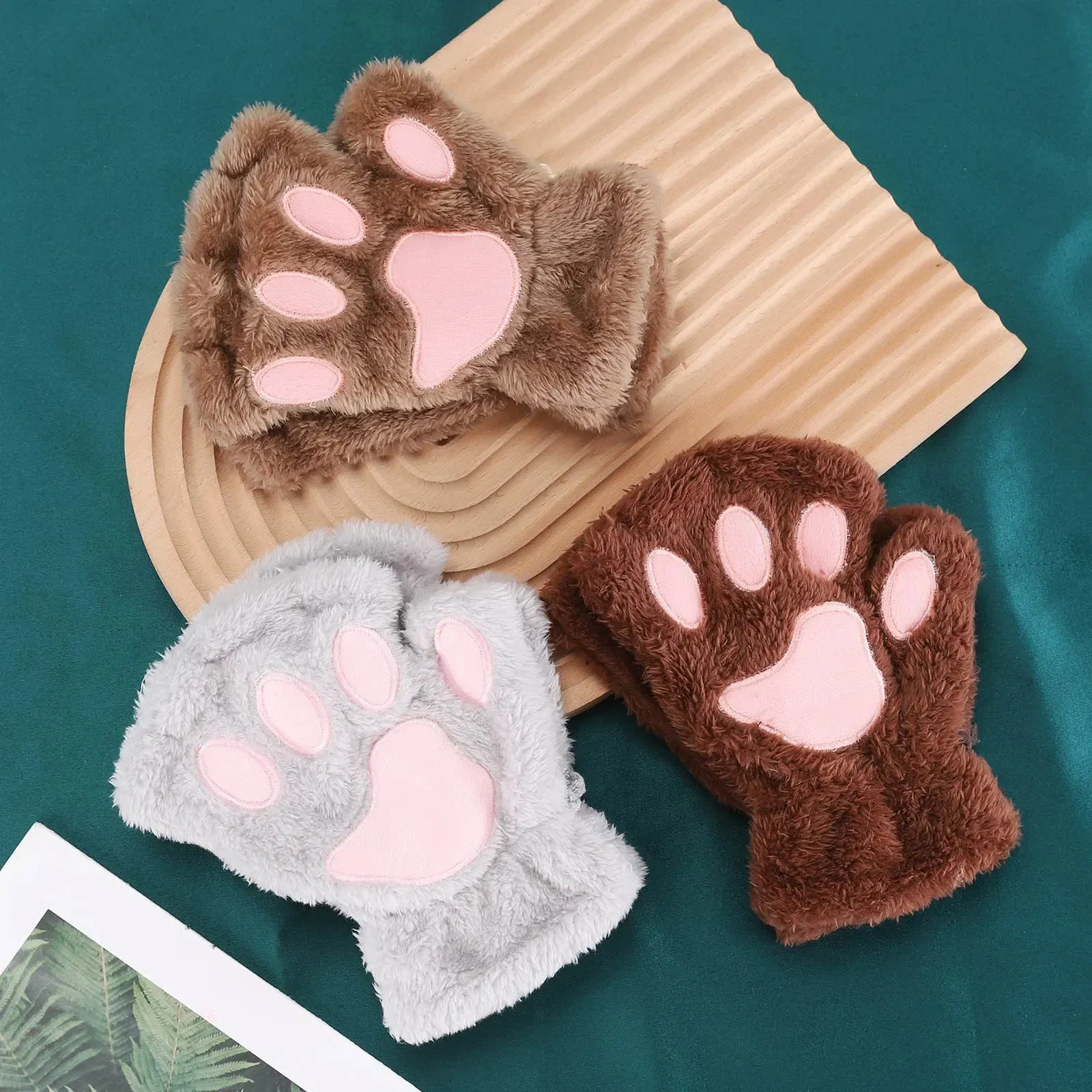 Women's Fashion Cat Gloves Cat Claw Paw Plush Mittens Warm Soft Plush Short Fingerless Half Finger Winter Thick Gloves