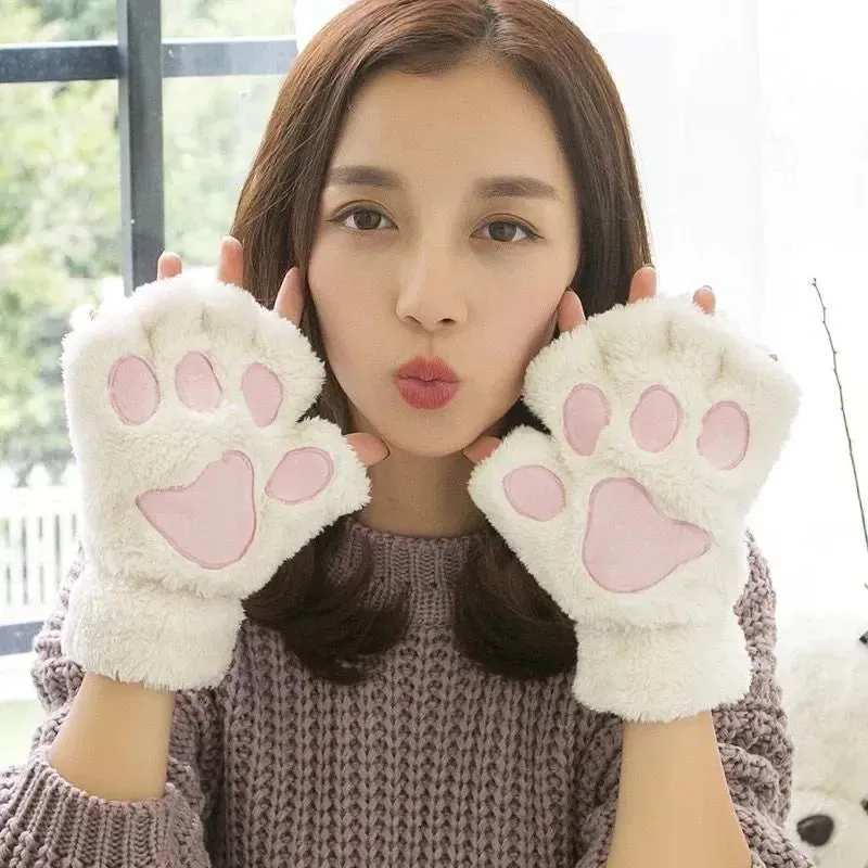 Women's Fashion Cat Gloves Cat Claw Paw Plush Mittens Warm Soft Plush Short Fingerless Half Finger Winter Thick Gloves