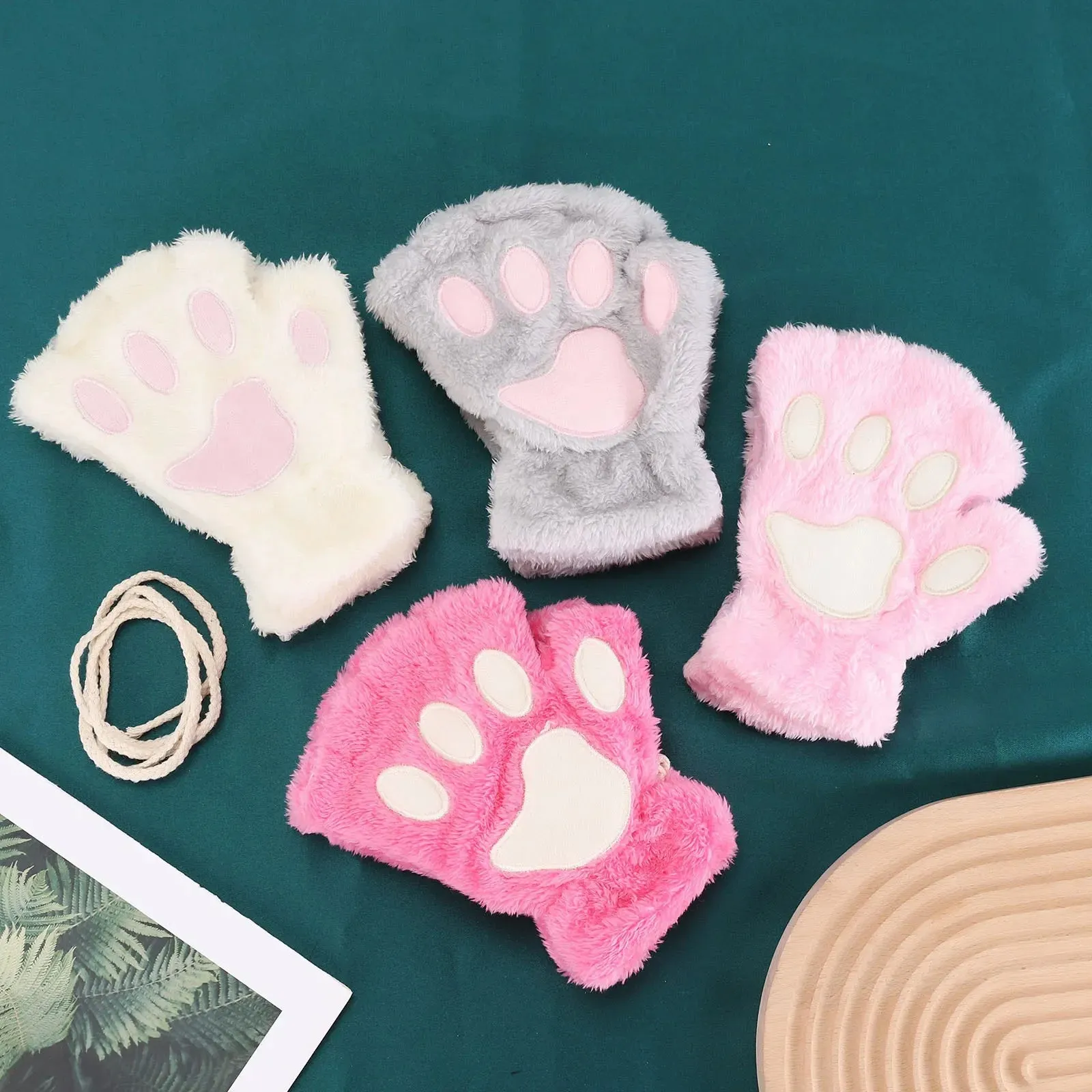 Women's Fashion Cat Gloves Cat Claw Paw Plush Mittens Warm Soft Plush Short Fingerless Half Finger Winter Thick Gloves