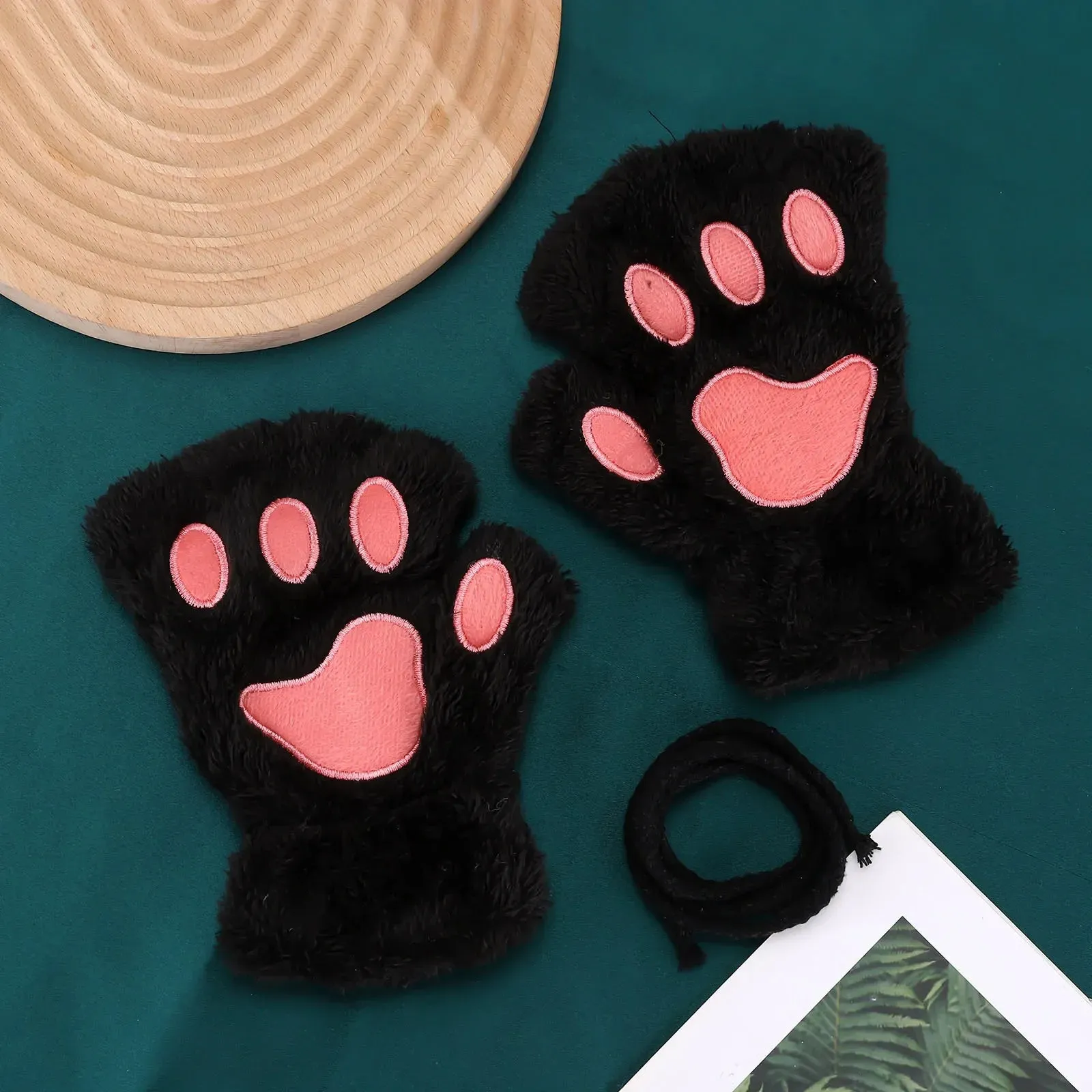 Women's Fashion Cat Gloves Cat Claw Paw Plush Mittens Warm Soft Plush Short Fingerless Half Finger Winter Thick Gloves