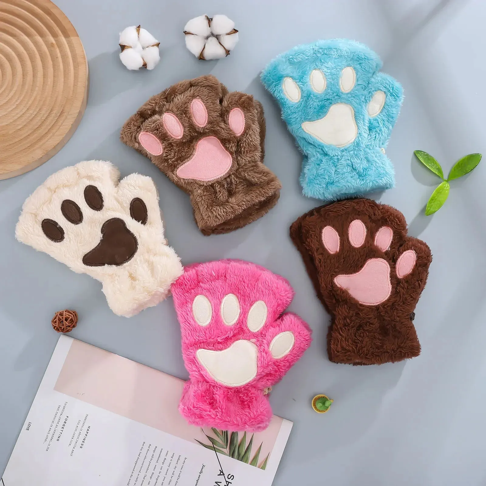 Women's Fashion Cat Gloves Cat Claw Paw Plush Mittens Warm Soft Plush Short Fingerless Half Finger Winter Thick Gloves
