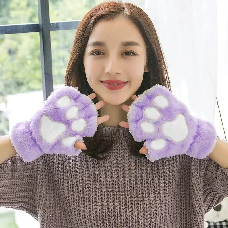 Women's Fashion Cat Gloves Cat Claw Paw Plush Mittens Warm Soft Plush Short Fingerless Half Finger Winter Thick Gloves