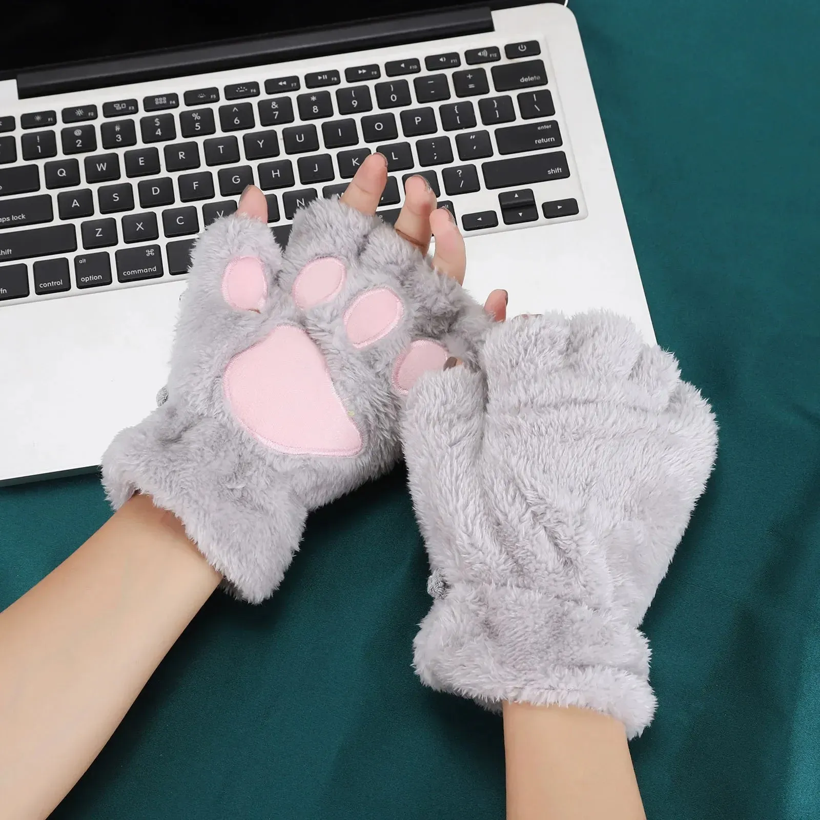 Women's Fashion Cat Gloves Cat Claw Paw Plush Mittens Warm Soft Plush Short Fingerless Half Finger Winter Thick Gloves