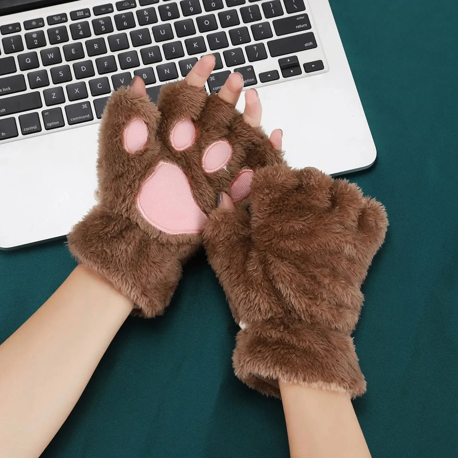 Women's Fashion Cat Gloves Cat Claw Paw Plush Mittens Warm Soft Plush Short Fingerless Half Finger Winter Thick Gloves