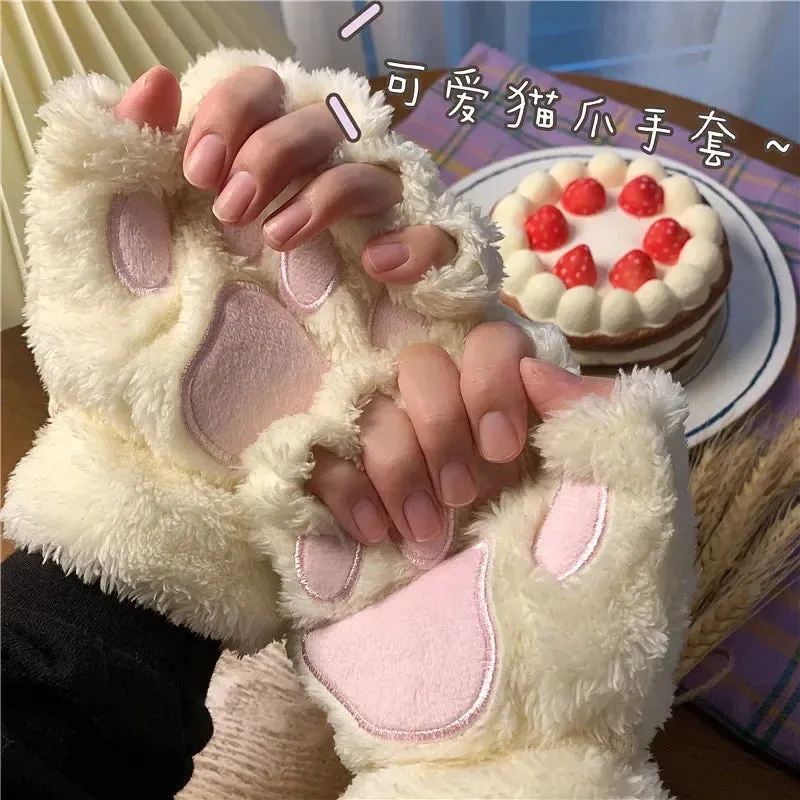 Women's Fashion Cat Gloves Cat Claw Paw Plush Mittens Warm Soft Plush Short Fingerless Half Finger Winter Thick Gloves
