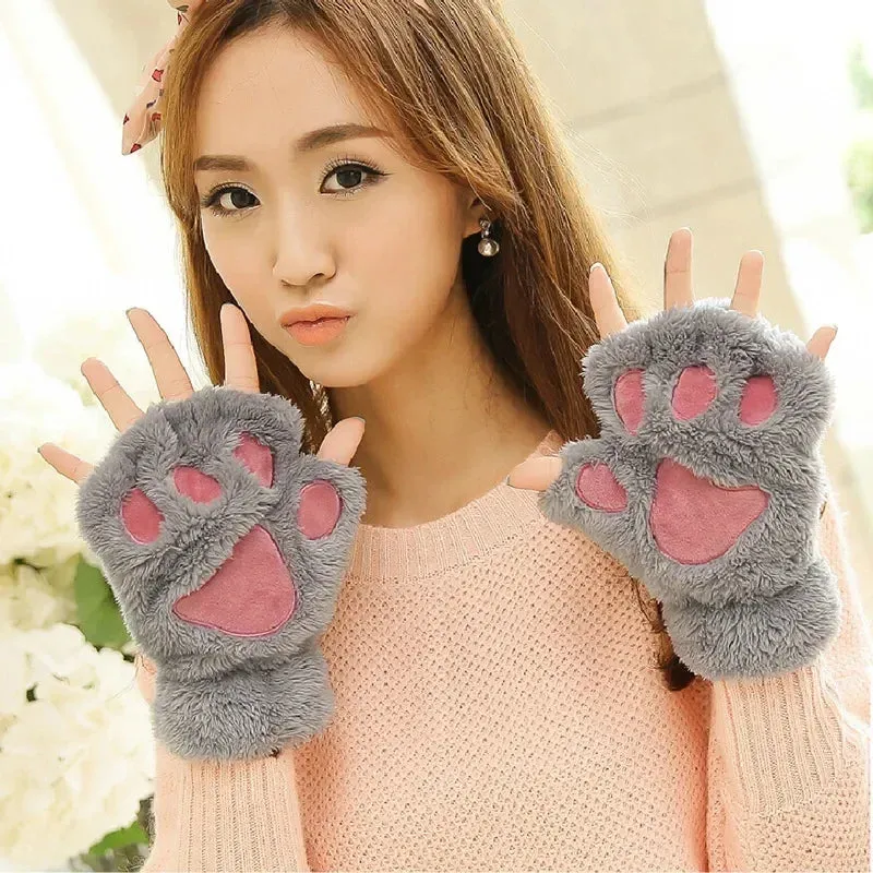 Women's Fashion Cat Gloves Cat Claw Paw Plush Mittens Warm Soft Plush Short Fingerless Half Finger Winter Thick Gloves