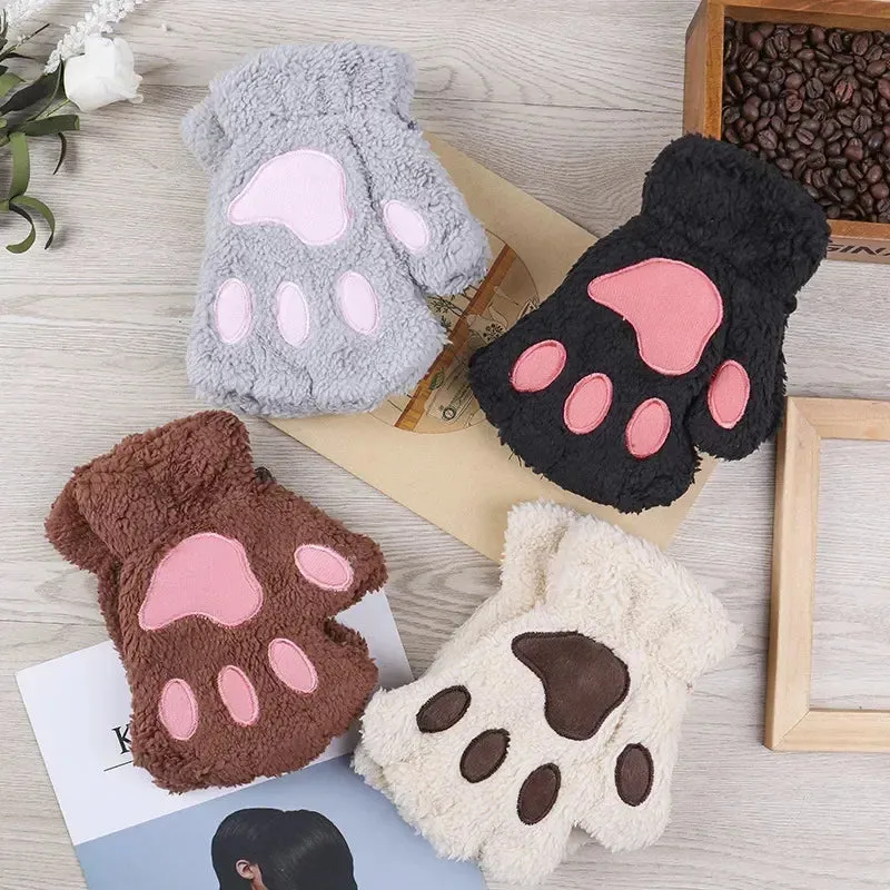 Women's Fashion Cat Gloves Cat Claw Paw Plush Mittens Warm Soft Plush Short Fingerless Half Finger Winter Thick Gloves
