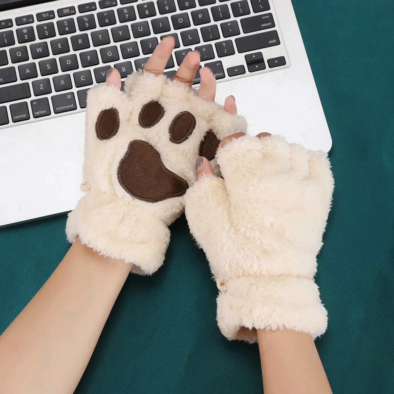 Women's Fashion Cat Gloves Cat Claw Paw Plush Mittens Warm Soft Plush Short Fingerless Half Finger Winter Thick Gloves